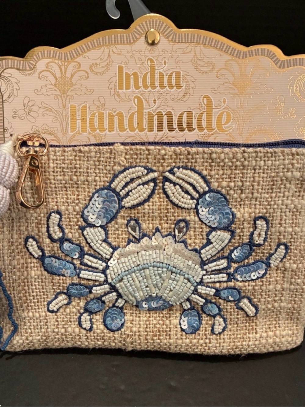 Made in India Beaded Pouch with Blue Beaded Crab 🦀 Accent